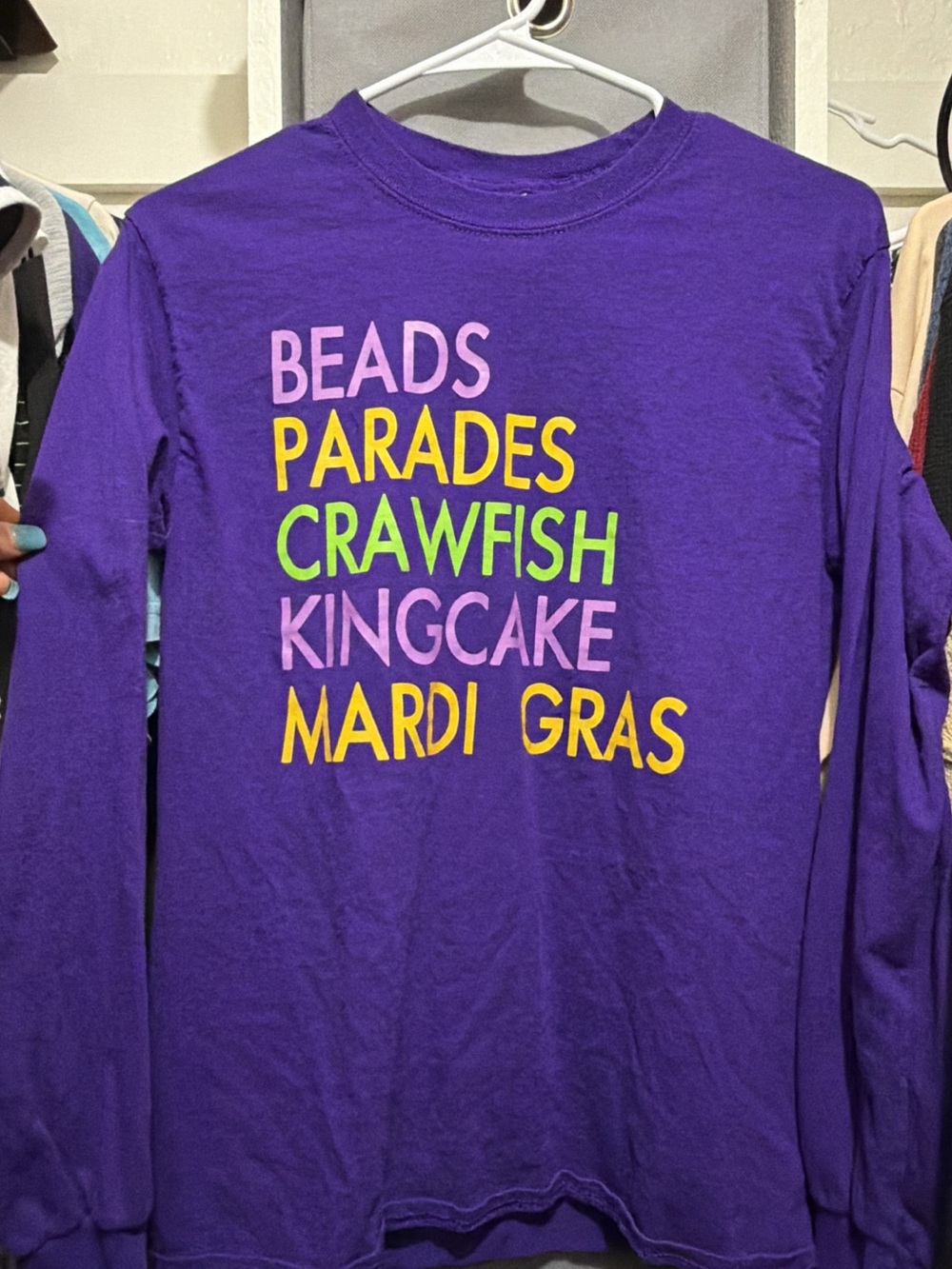 Gildan Purple Long Sleeve Mardi Gras Word Shirt